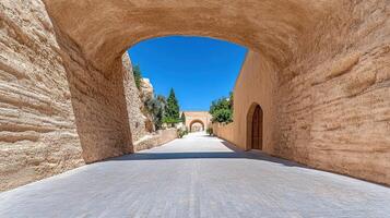 Ancient city pathway with arched entrance and clear blue sky photo
