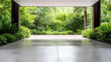 tranquil view of lush garden from modern garage entrance photo