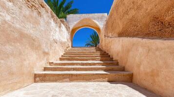 Ancient staircase leading to archway under clear blue sky photo