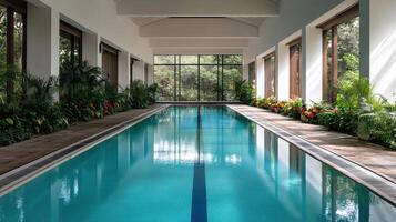 serene indoor swimming pool surrounded by lush greenery and vibrant flowers photo