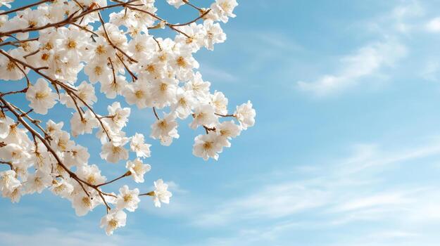 Blossoming cherry tree branches against clear blue sky create serene atmosphere photo