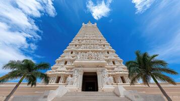 Stunning temple architecture against bright blue sky with palm trees photo