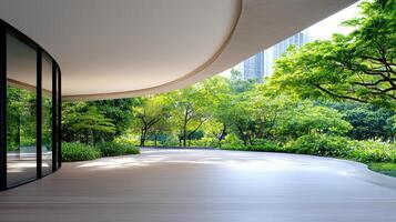 modern architectural design featuring curved structure surrounded by lush greenery photo