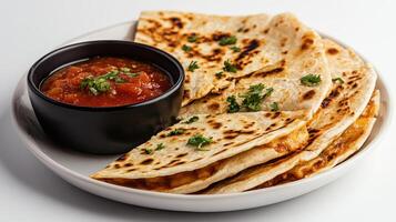 Delicious cheesy quesadillas served with salsa and fresh herbs photo