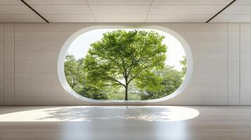 serene interior view showcasing large window with tree outside, blending nature and architecture photo