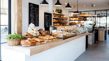 Fresh pastries and bread displayed in modern Parisian bakery photo