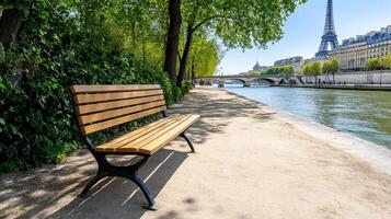 serene park bench by Seine River in Paris, with lush greenery and iconic landmarks photo