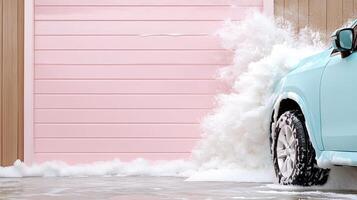 car being washed with foam in modern car wash setting photo