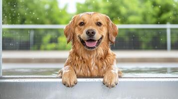 Happy golden retriever enjoying refreshing bath in car wash photo