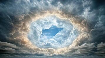Dramatic cloud formation with blue sky peeking through center photo