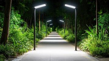 High resolution image of solar powered streetlights illuminating path photo