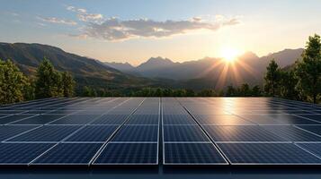High resolution image of solar farm with mountains and sunset view photo