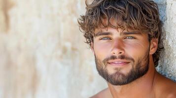 High resolution image of man with tousled hair and charming smile photo