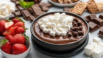 Delicious chocolate dip with marshmallows and fresh strawberries photo