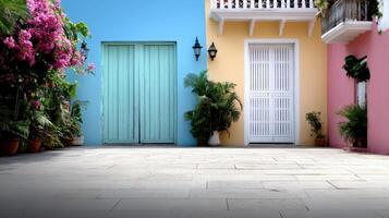Charming streets of Cartagena with colorful colonial buildings and plants photo