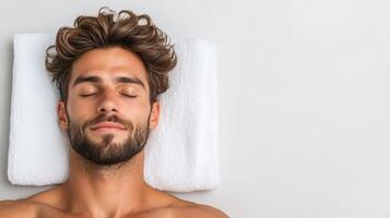 man with relaxed expression lying on towel, eyes closed peacefully photo
