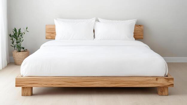 moderno cama con de madera marco y blanco lecho, creando sereno atmósfera foto