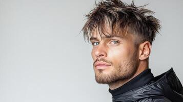 Stylish man with trendy haircut and confident expression photo