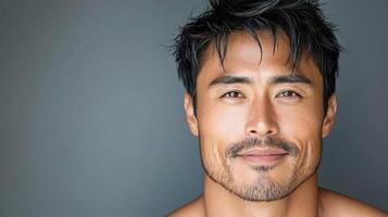 Stylish Asian man with confident smile and tousled hair photo