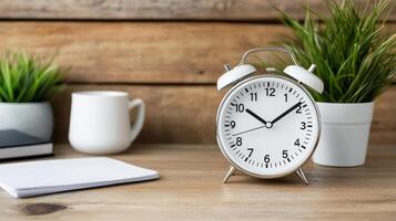 stylish desk with clock, plants, and stationery for productivity photo