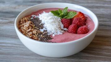 refreshing smoothie bowl topped with coconut, raspberries, and mint photo