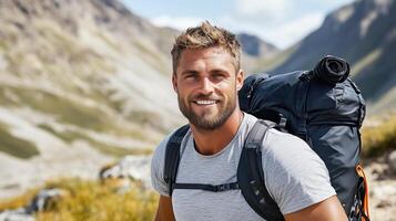 smiling man with backpack enjoys hiking in mountain landscape photo