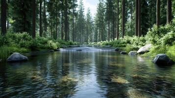 Tranquil forest with flowing river, surrounded by lush greenery and rocks photo