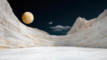 surreal landscape featuring distant planet and rocky terrain photo