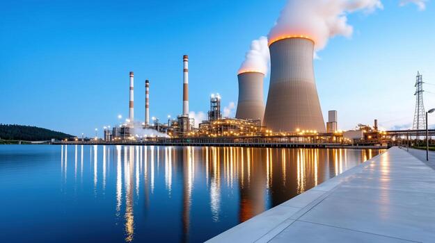 High resolution image of power plant with cooling towers and reflections photo