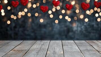Romantic red hearts and glowing lights create dreamy atmosphere photo