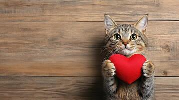 Cute cat holding red heart on wooden background, expressing love photo