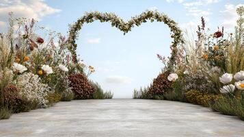 heart shaped garden filled with vibrant flowers and greenery creates romantic atmosphere photo