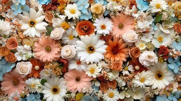 Beautiful floral arrangement with various colors and types of flowers photo