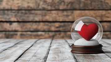 heart shaped snow globe on wooden table evokes warmth and love photo
