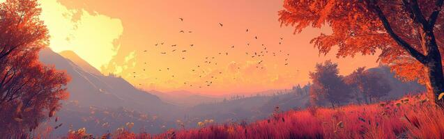 Stunning autumn landscape at sunset with vibrant colors and distant mountains photo