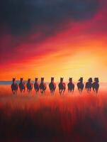 Majestic horses running at sunset through a colorful landscape photo