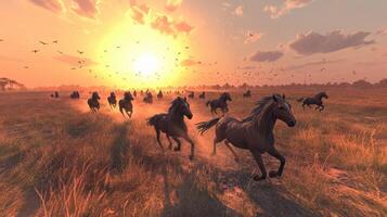 Wild horses galloping across a grassland at sunset with birds flying overhead photo
