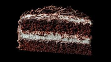Delicious chocolate cake slice resting on a dark background photo