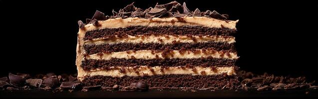 Chocolate layer cake with rich frosting and dark chocolate shavings photo