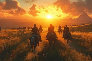 Riders journeying home at sunset in a serene landscape photo