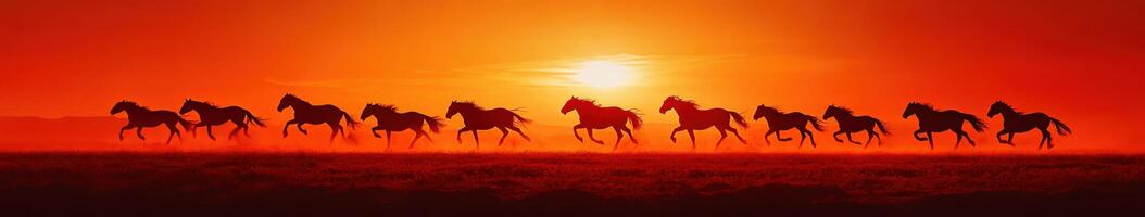 Wild horses running across the plains at sunset in golden light photo