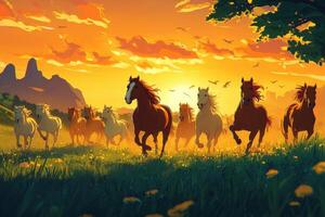 Running horses at sunset in an open field surrounded by mountains photo