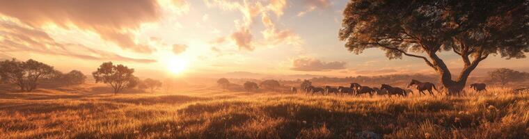 Majestic sunset over a tranquil meadow with grazing horses photo