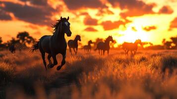 Horses gallop across an open field during a vibrant sunset photo
