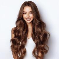 Beautiful woman with long, wavy brown hair posing against a neutral background photo