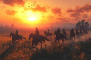 Cowboys ride into sunset over misty field with vibrant orange sky photo