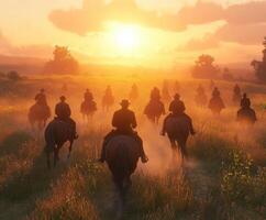 Group of cowboys riding into the sunset over a grassy landscape photo