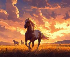 Horses running in a vibrant sunset over a grassy field photo