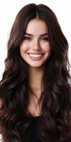Smiling young woman with wavy dark hair and radiant skin in bright setting photo