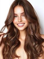 Smiling young woman with long wavy hair posing against plain background photo
